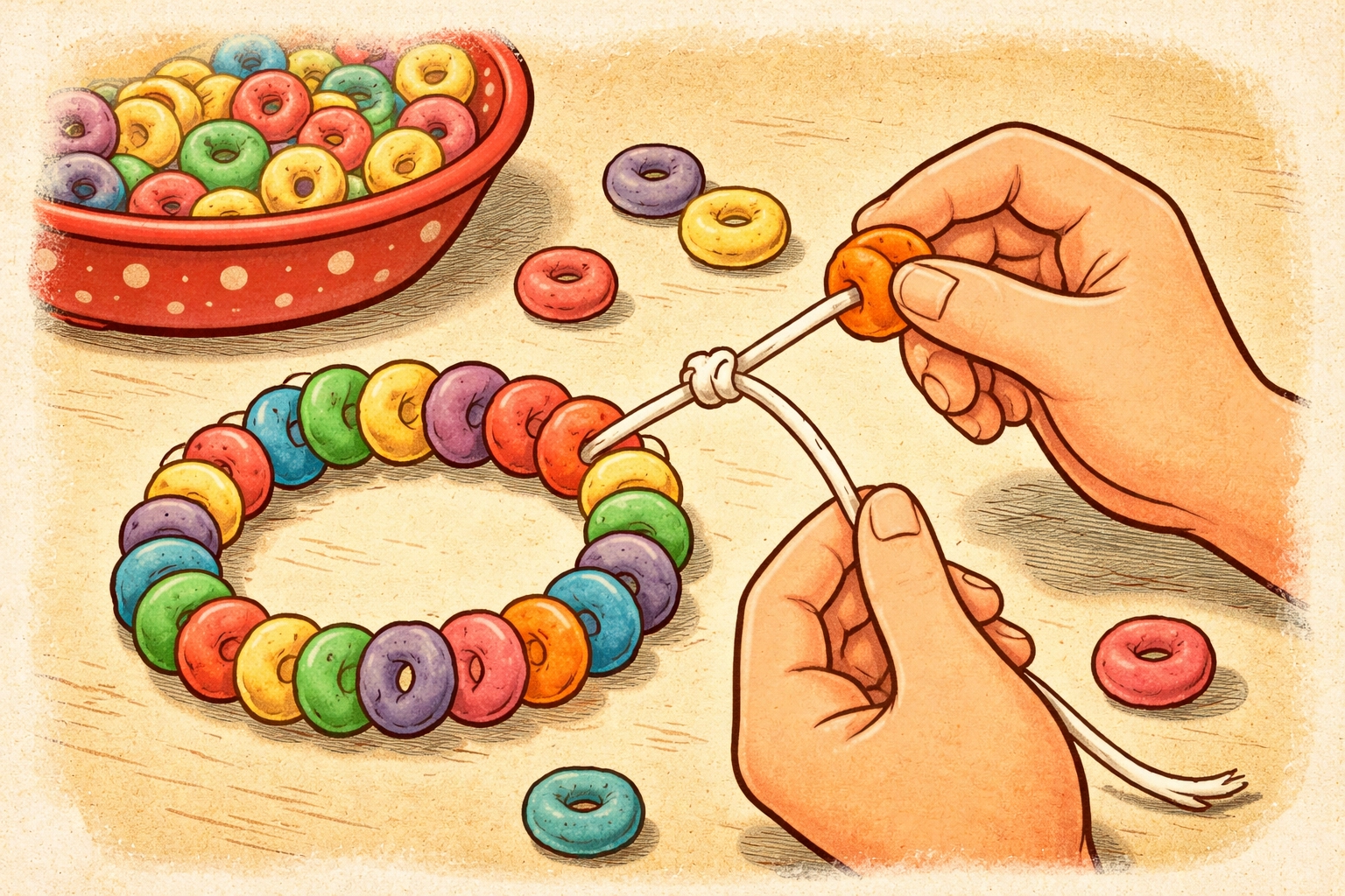 Close-up of child's hands threading colorful cereal loops onto yarn for a DIY bracelet
