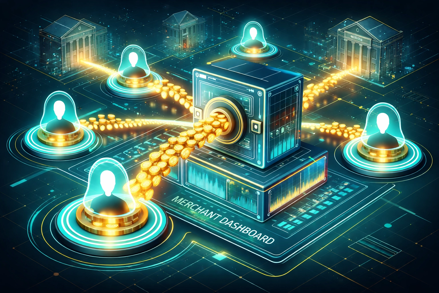 Illustration of direct blockchain payments from customers to merchants highlighting Larecoin's efficient, bank-free transactions