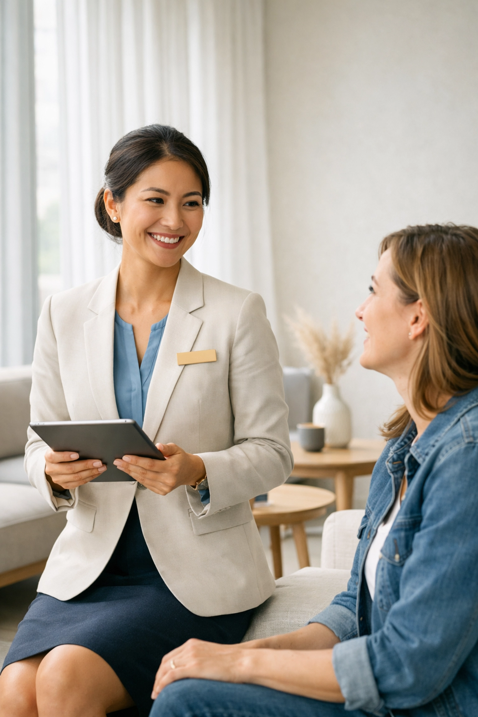 Hotel staff member using cloud-native hotel management software on a tablet to focus on guest experience.