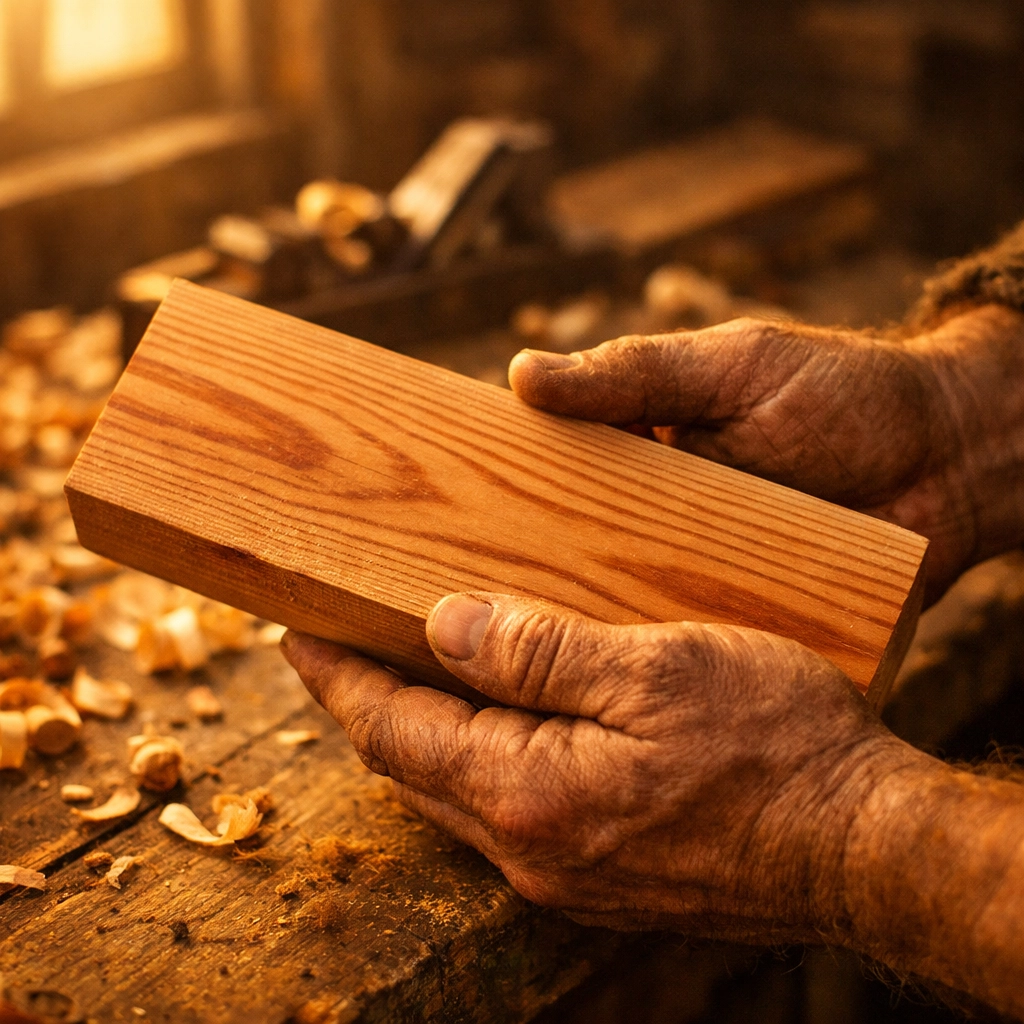 Carpenter's weathered hands holding cedar wood showing calluses and cracks from woodworking