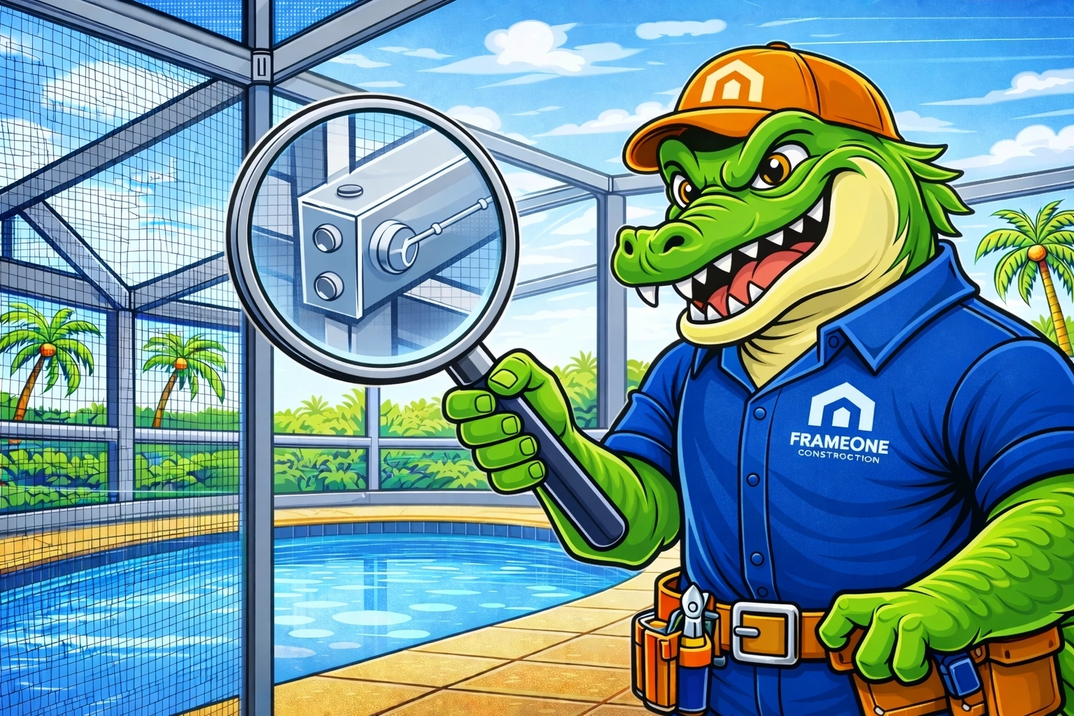 Al E. Gator (two arms!) holding the magnifying glass by the handle while inspecting screen mesh and aluminum beams.