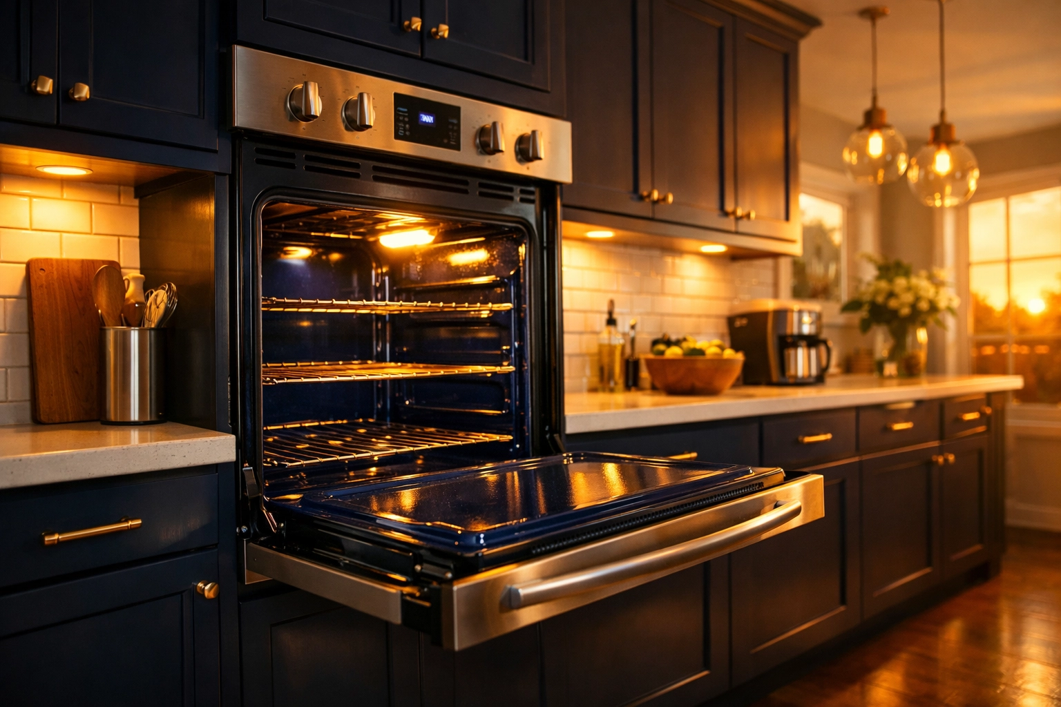A spotless oven interior and modern blue kitchen cabinetry after an eco-friendly deep cleaning session.