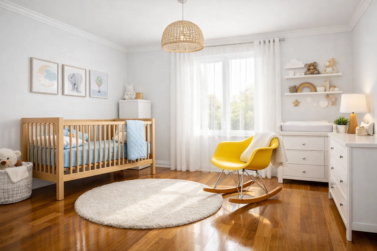 Spotless Shrewsbury nursery with a wooden crib, showcasing the results of professional house cleaning.