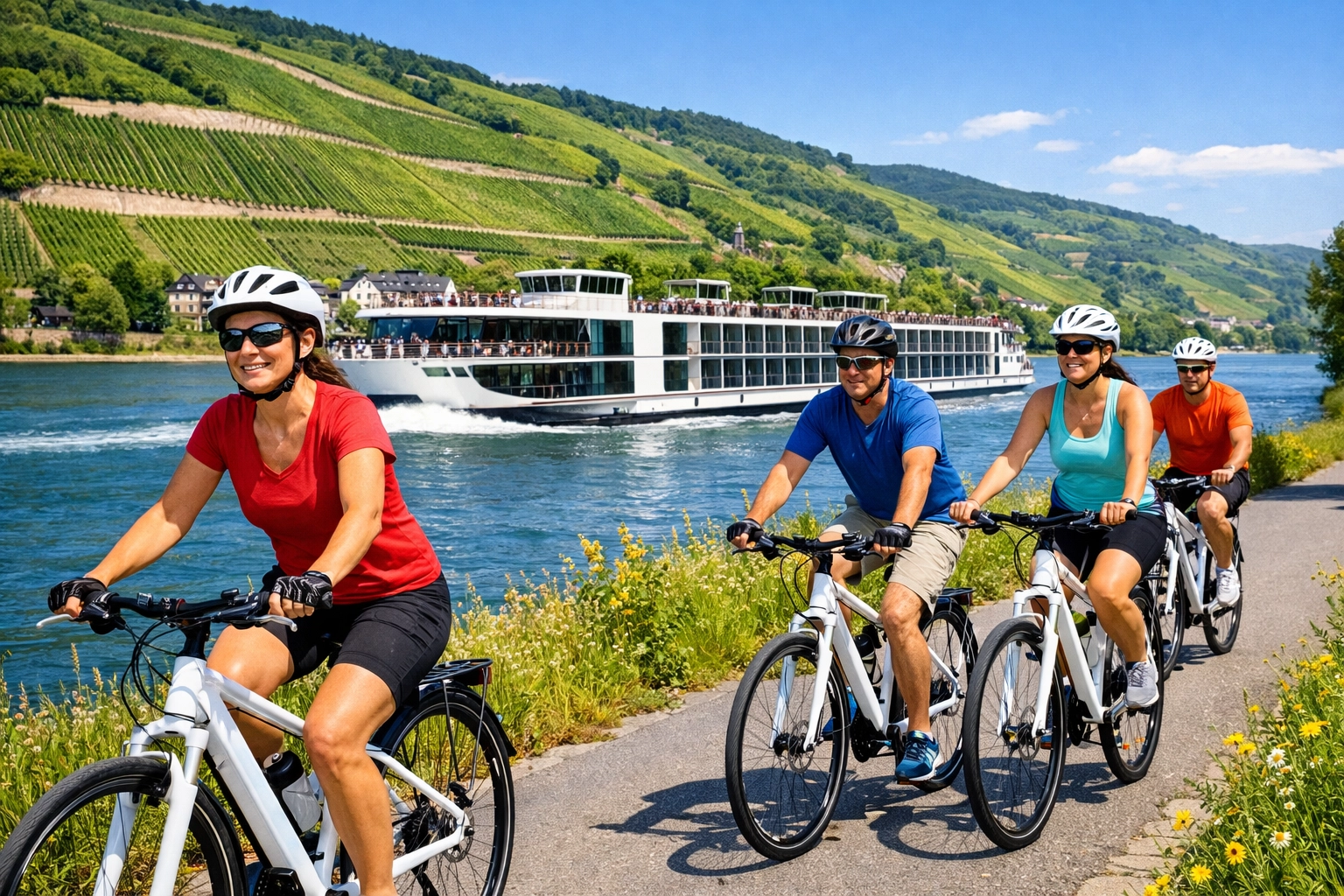 Active travelers on a bicycle tour along the Rhine River near an AmaWaterways ship with twin balconies.