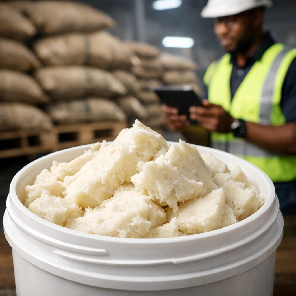 Grade A unrefined shea butter for wholesale export from Africa, showing traceability and quality control.