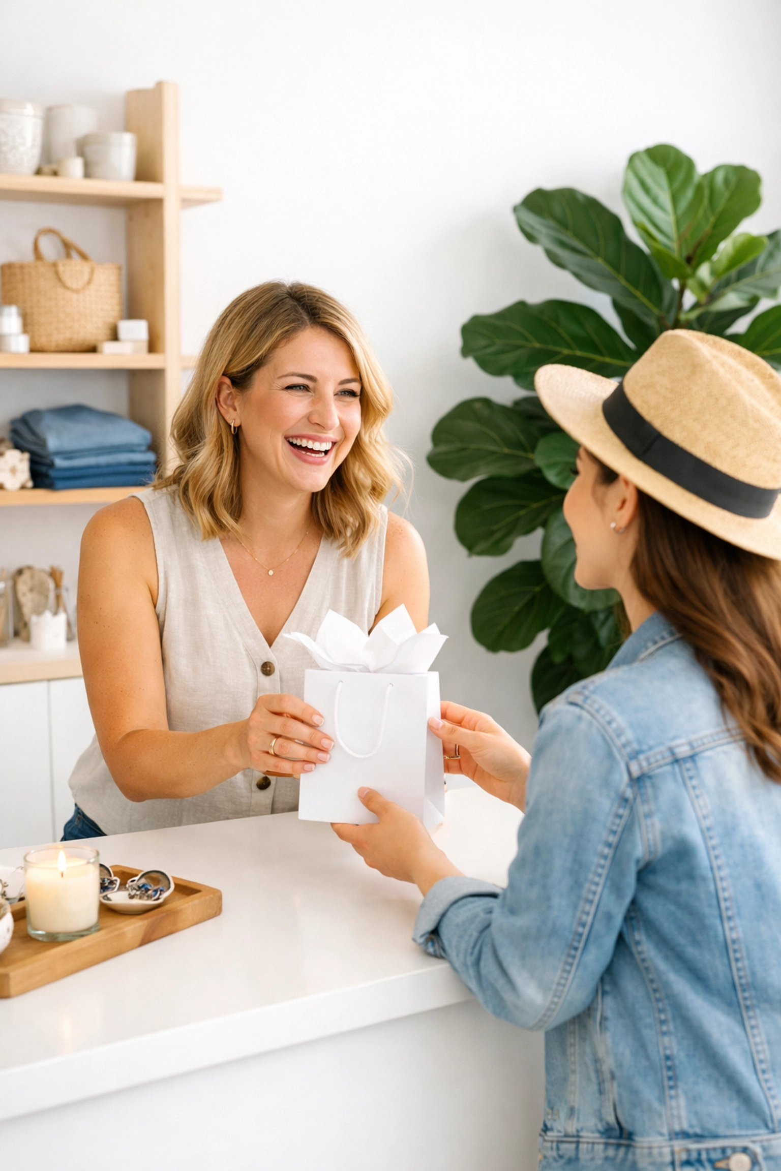 Local business owner building trust with a customer in a modern retail shop environment.