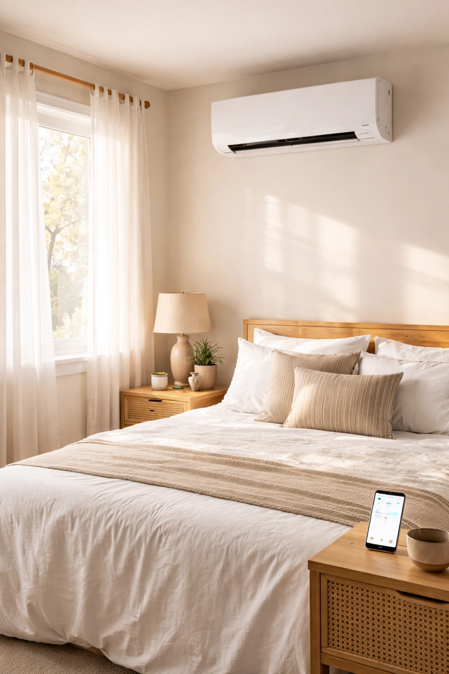 Cozy Maine bedroom with wall-mounted mini split and smart controls for energy-saving comfort.
