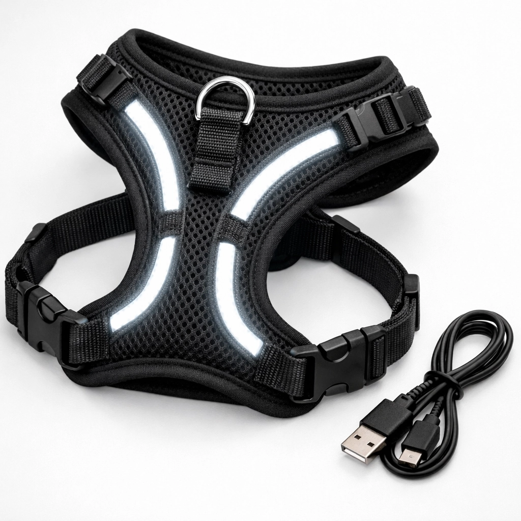 Black mesh LED dog harness with white LED strips and USB charging cable