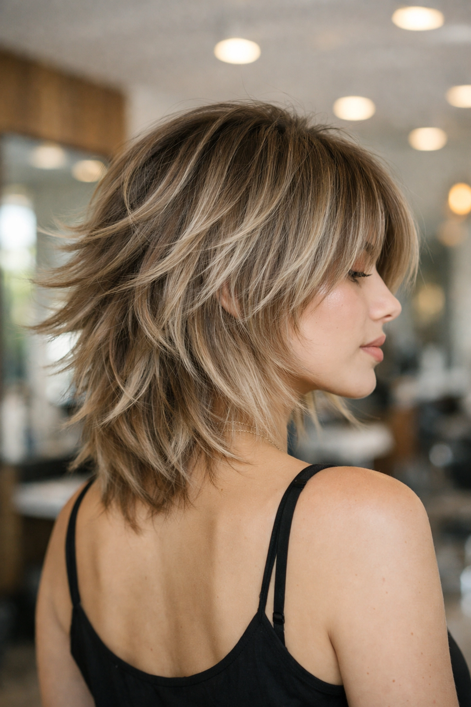 Trendy wolf cut with shaggy layers and blonde balayage styled at a hair salon in Concord NH.