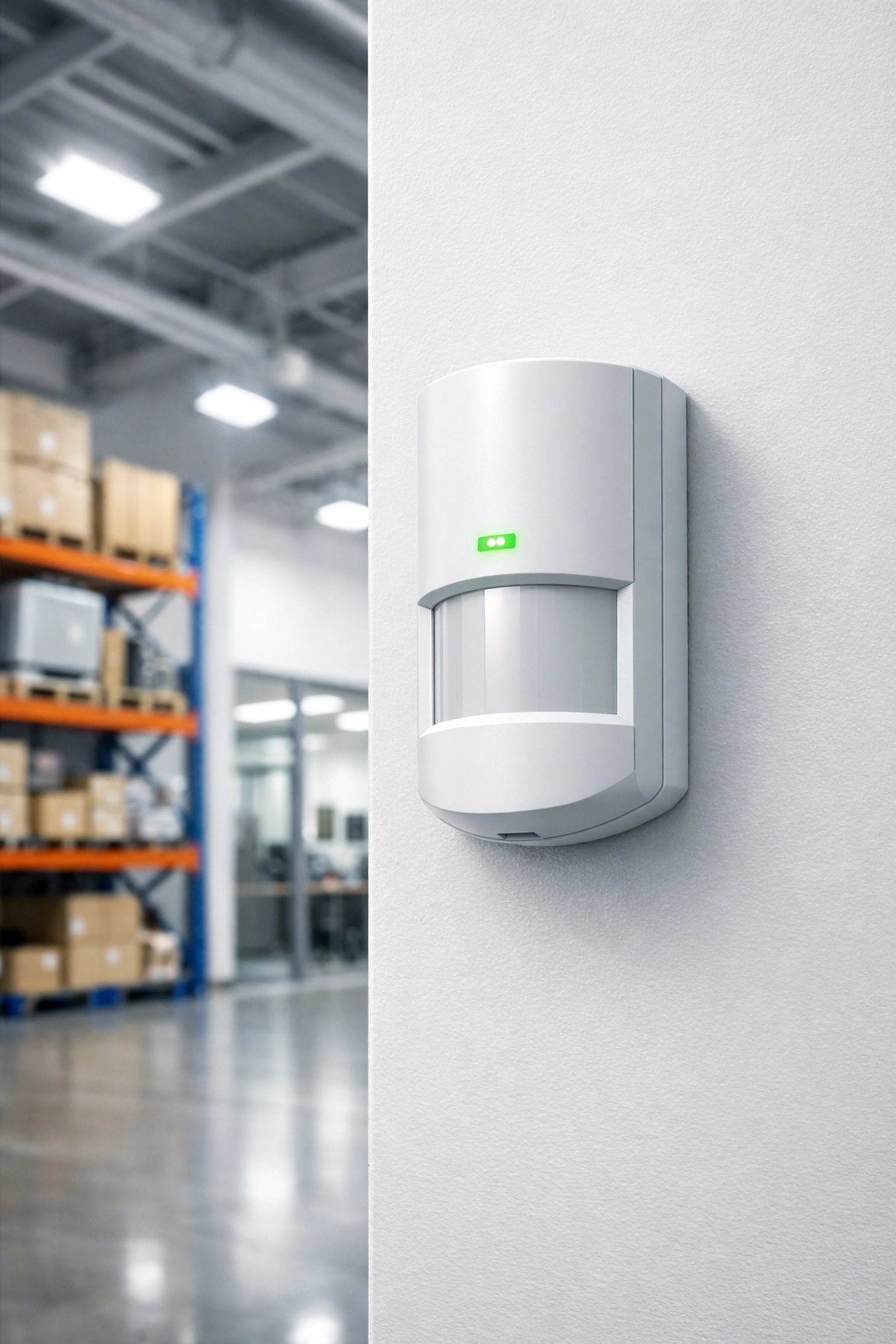 Modern commercial intruder alarm sensor installed in a professional warehouse for robust business security.