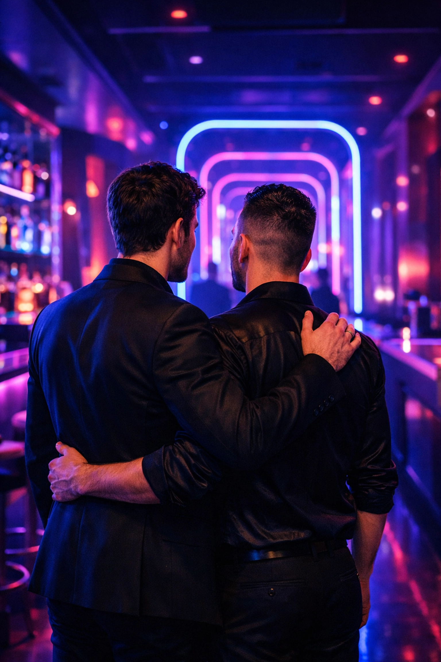 A gay couple standing together in a neon-lit nightclub, exploring safe and authentic queer nightlife venues.