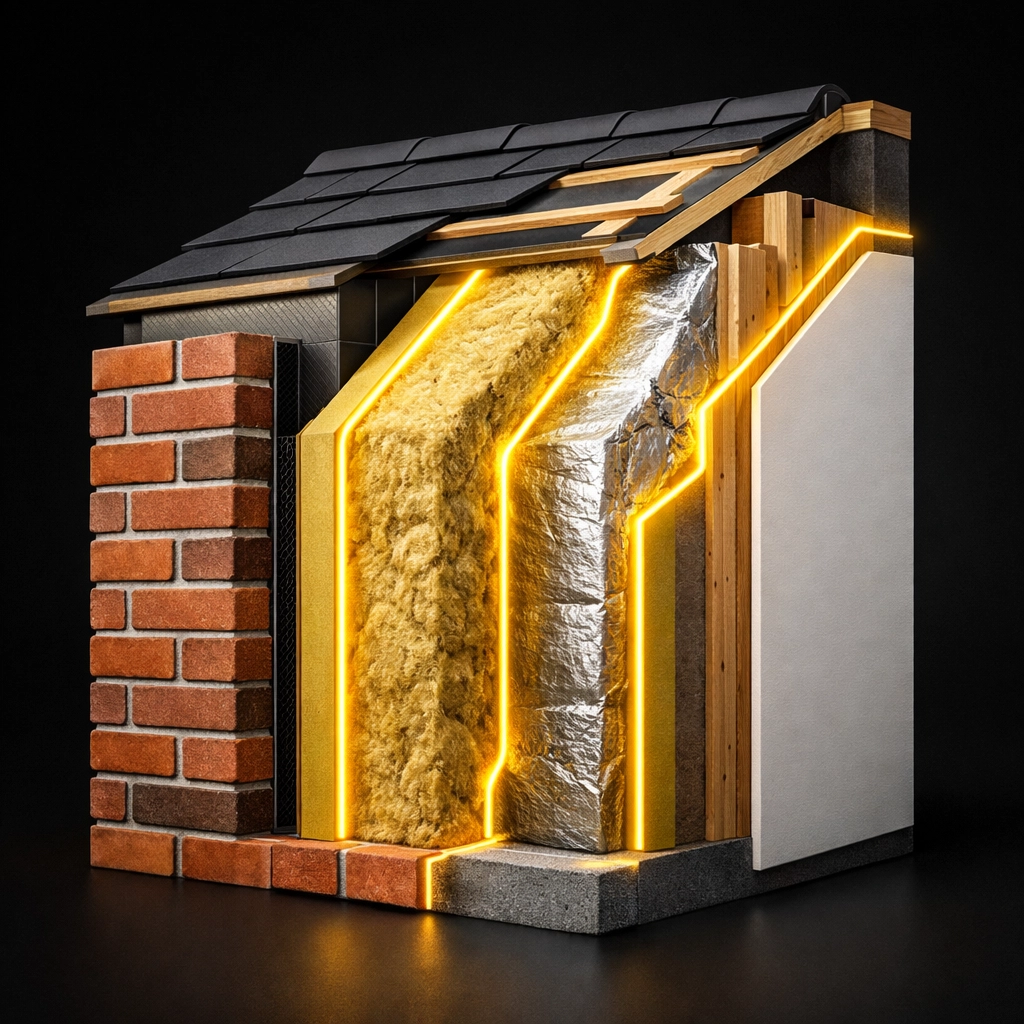 Cross-section of insulated wall showing thermal layers and heat retention for property energy efficiency