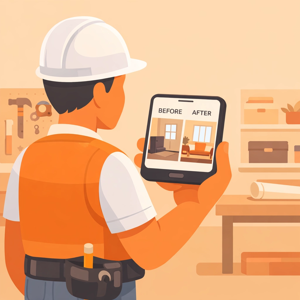 A contractor using a professional photo timeline app to document before and after job site progress.