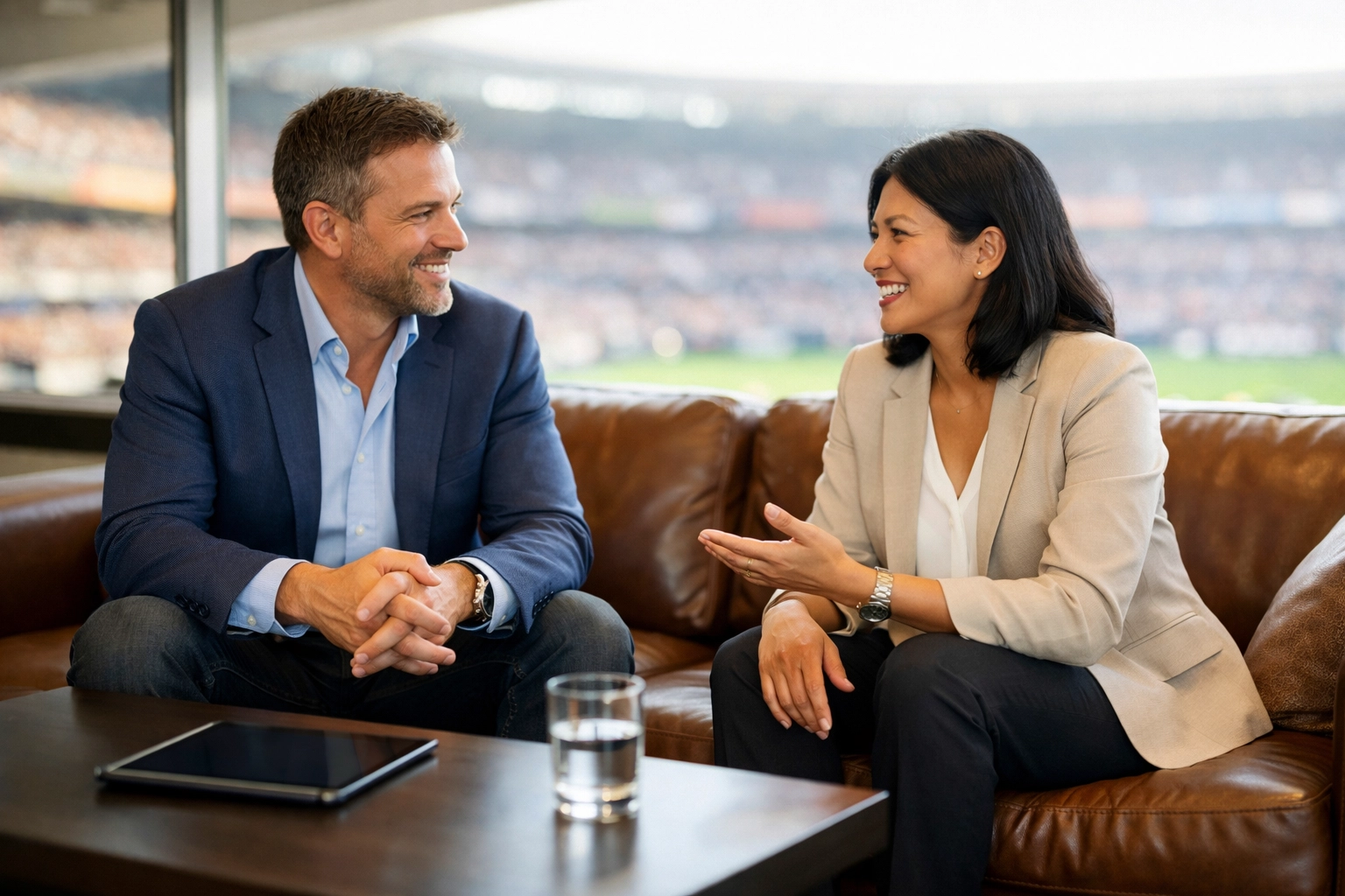 Strategic partnership meeting in a corporate suite overlooking a stadium, focusing on event sponsorship ROI.