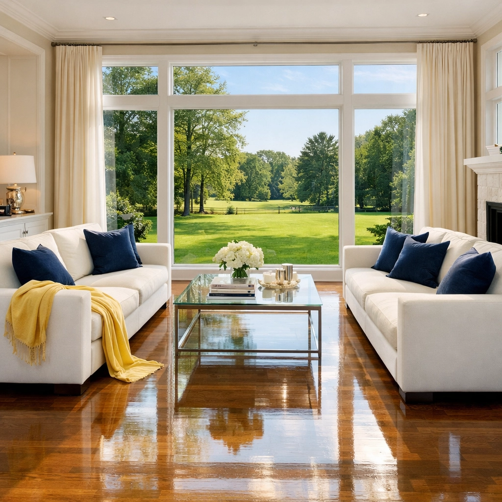 Sun-drenched living room in Lincoln showcasing professional MetroWest cleaning services for local residences.