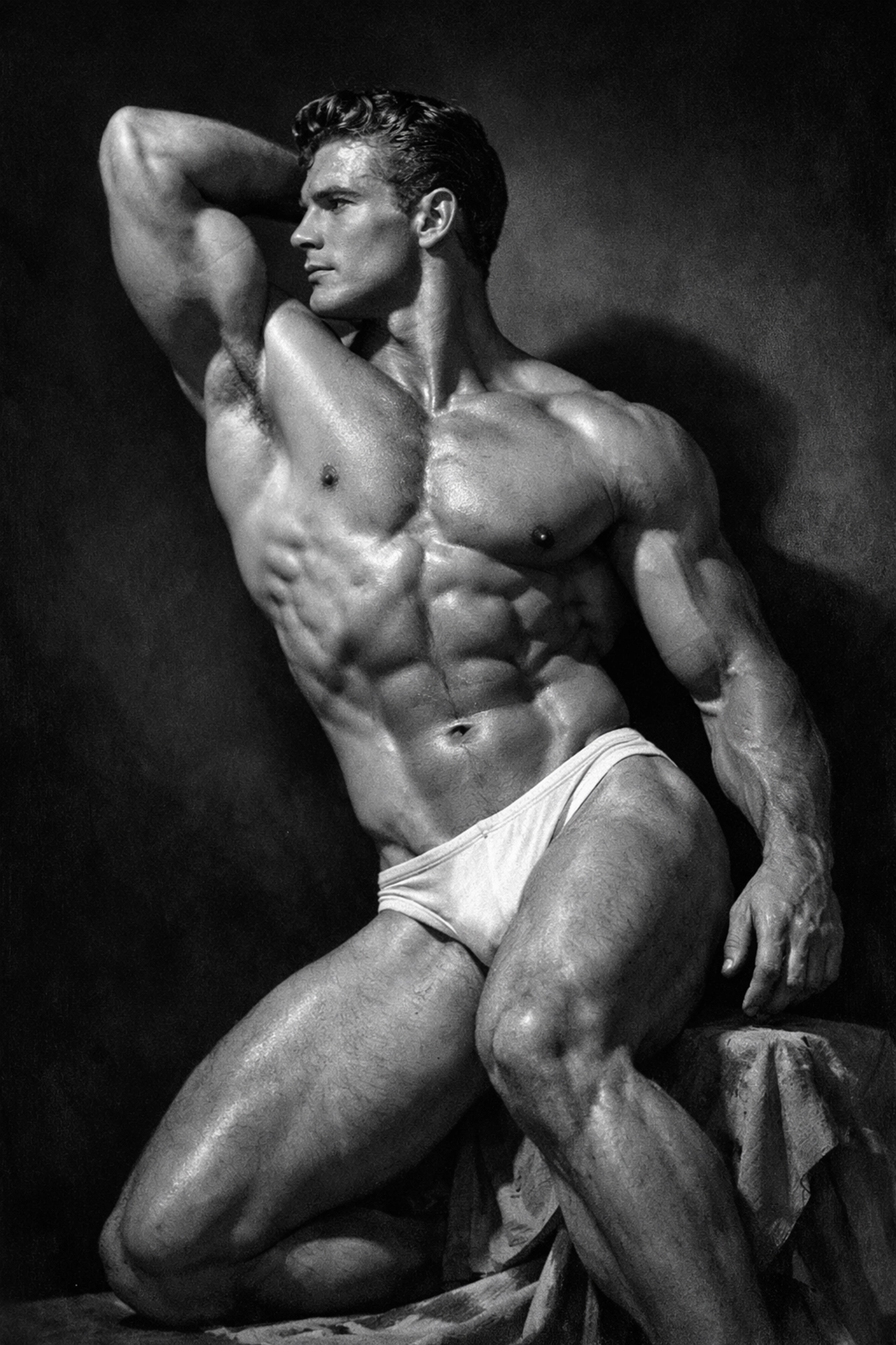 Dramatic black and white physique photography of a muscular man, inspiring modern MM romance and LGBTQ+ fiction.