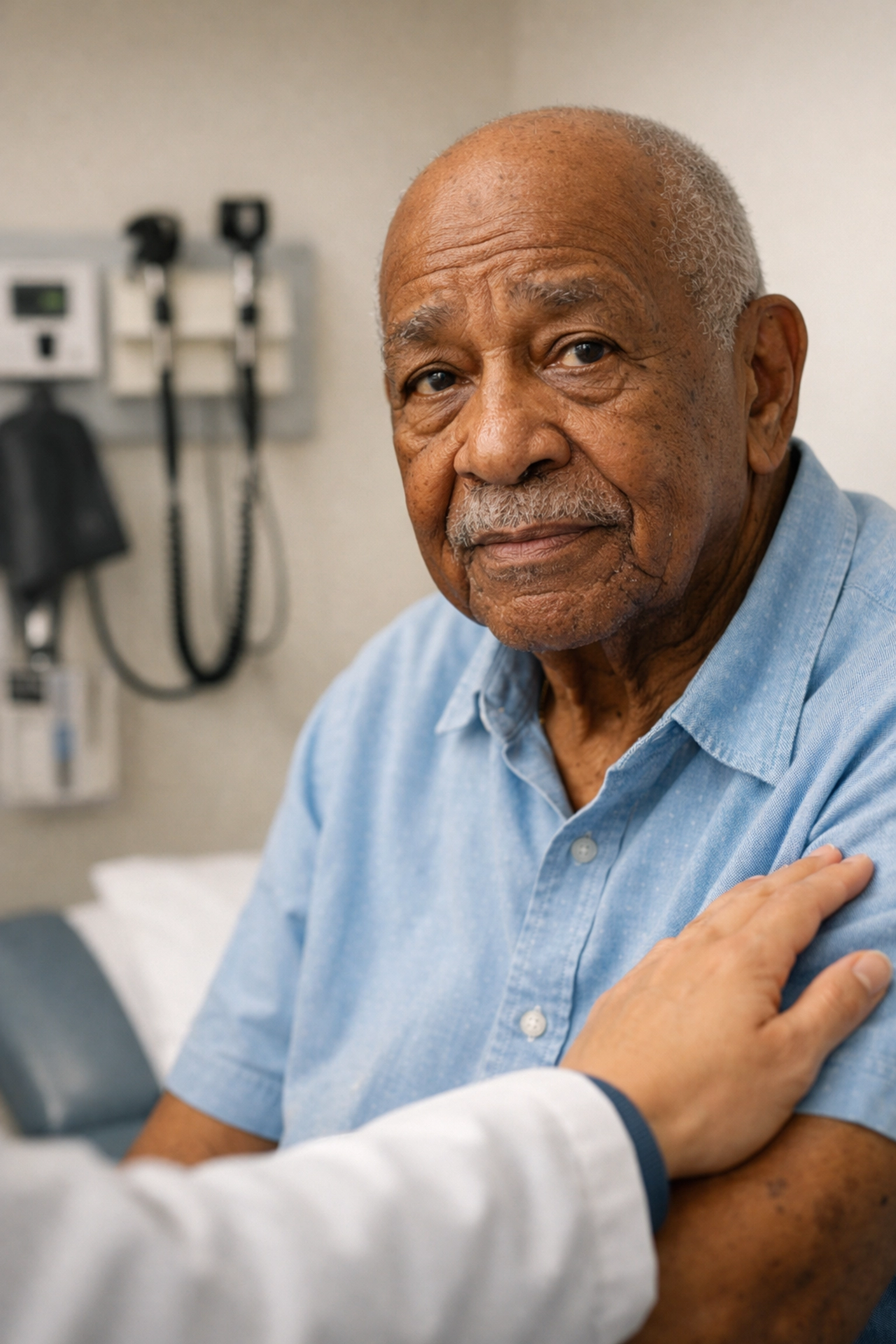 Elderly patient on an exam table reflecting the human cost of US healthcare system problems.