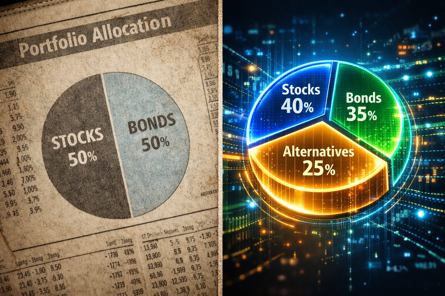 Traditional 60/40 portfolio compared to modern 40/30/30 diversification strategy