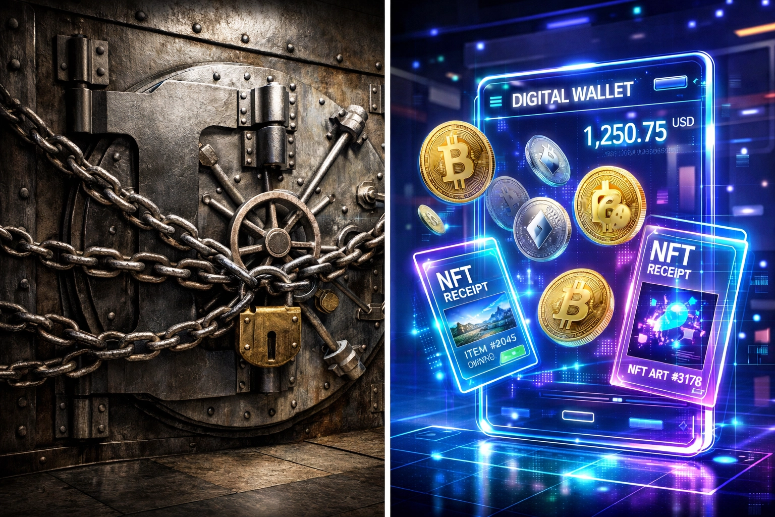 Traditional bank vault versus modern crypto wallet showing NFT receipts and digital payments