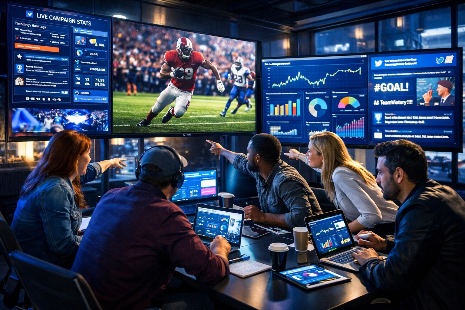 Sports marketing agency team collaborating with digital dashboards and analytics in modern workspace