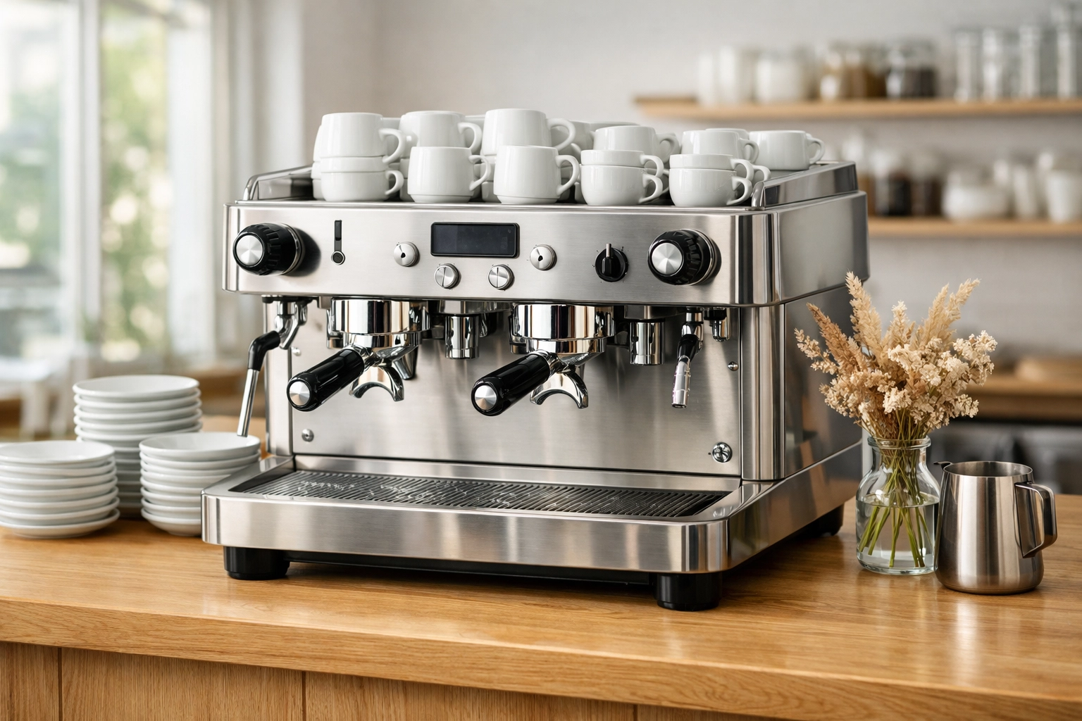 Professional espresso machine in a sunlit café, illustrating essential equipment support from wholesale roasters.