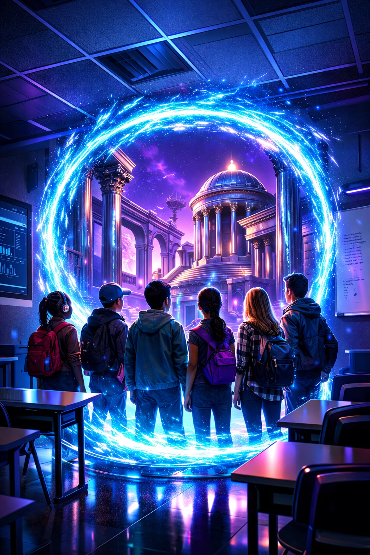 Students using virtual reality to explore ancient Rome through an immersive holographic portal in a classroom.