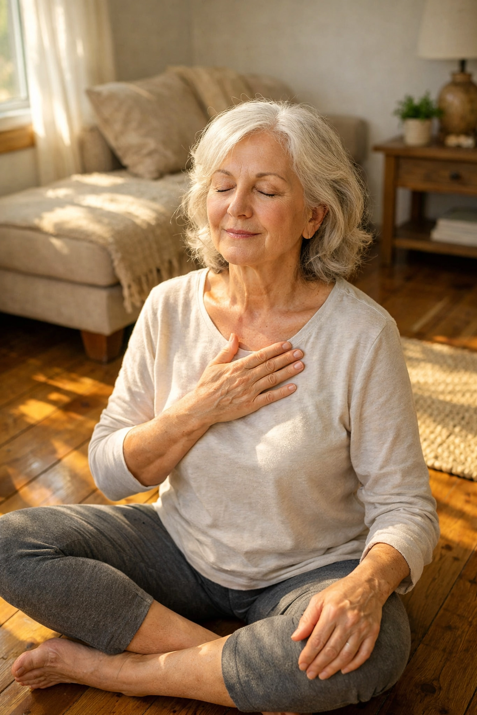 Senior woman sitting calmly on floor after fall, taking deep breaths to assess for injuries