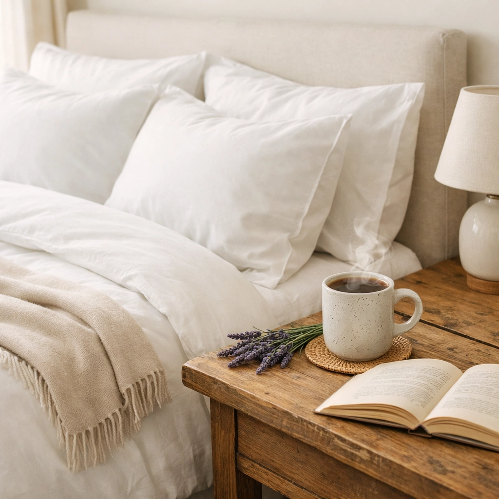 Premium bedding and artisan coffee setup in Sonoma vacation rental bedroom