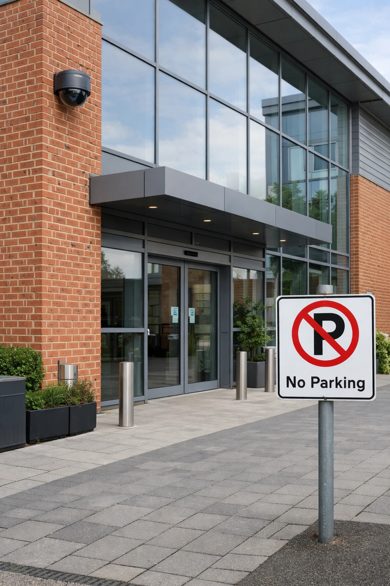 Commercial CCTV installation on a modern glass-fronted business or school entrance.