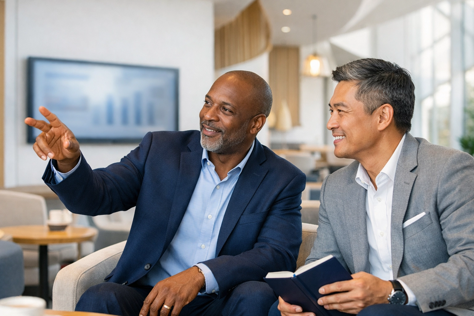 Executives networking in a premium hospitality lounge to secure Super Bowl business partnerships.