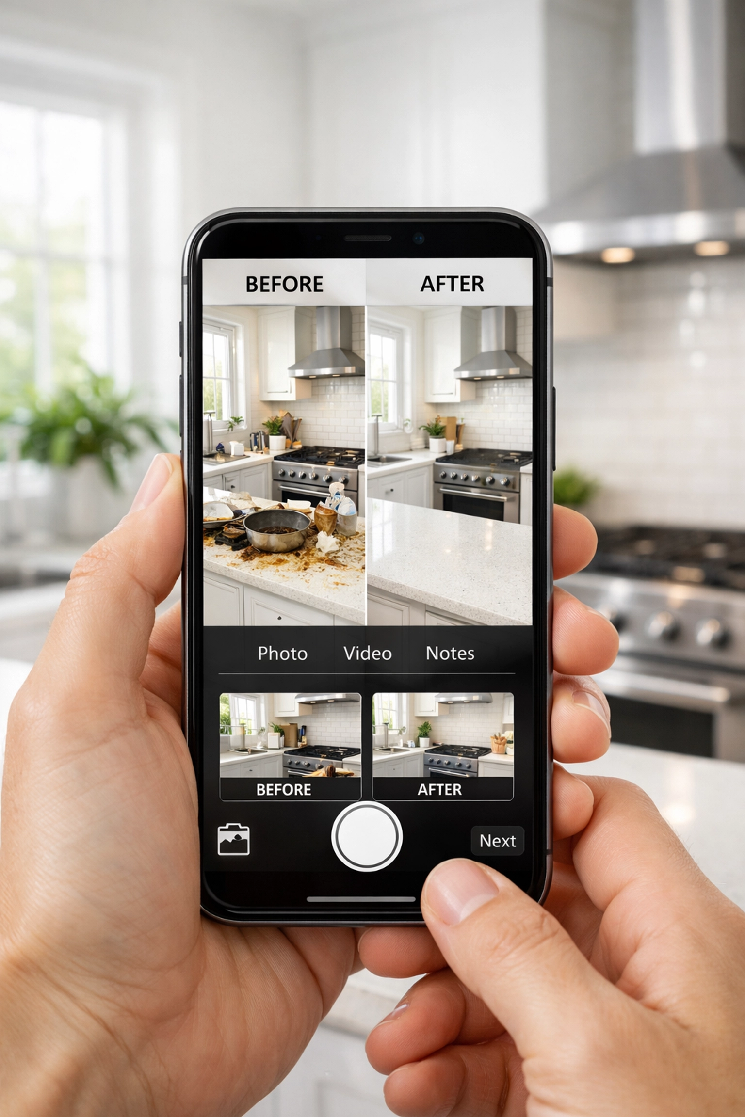 Smartphone documenting residential cleaning results with before and after kitchen photos