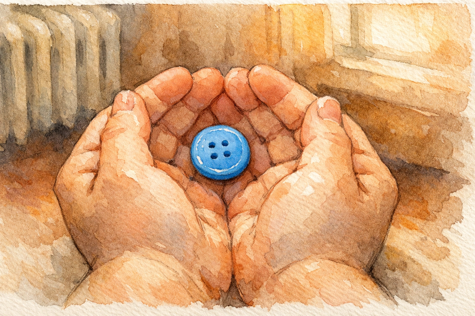 Child’s hands holding a blue button illustrating a Christian short story about being found by Jesus.