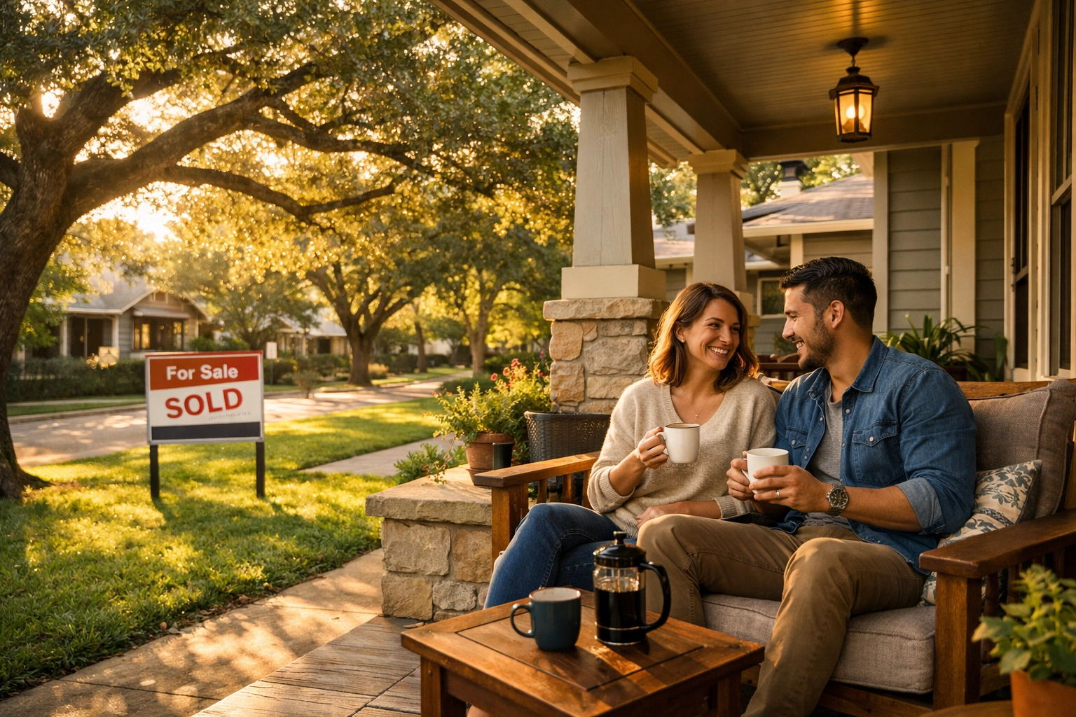 Relaxed couple on the porch of a San Antonio craftsman home with a sold sign, illustrating a stress-free purchase.