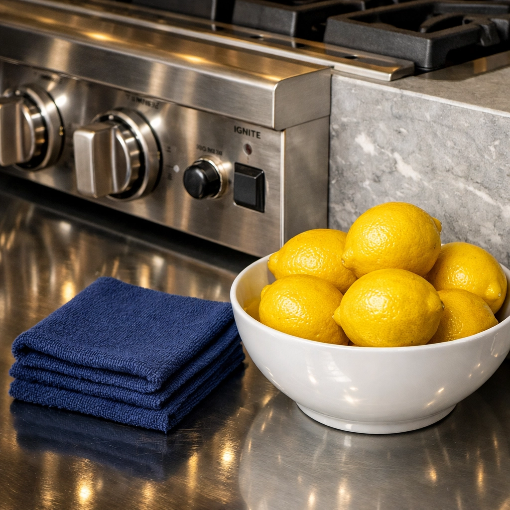 Eco-friendly residential cleaning Massachusetts details on a polished stainless steel range and kitchen counter.