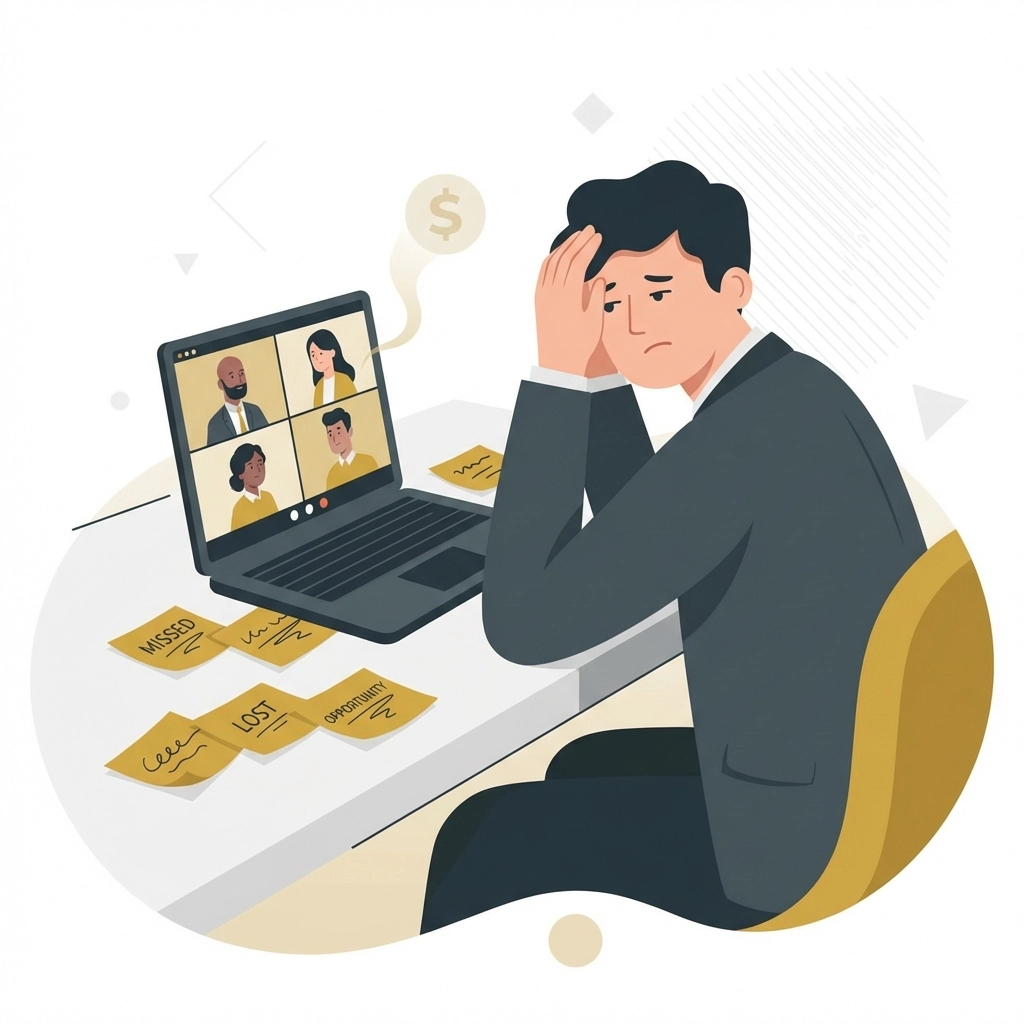 Frustrated businessperson at laptop with basic video call screen, missing real-time sales opportunities, Zoom alternative concept