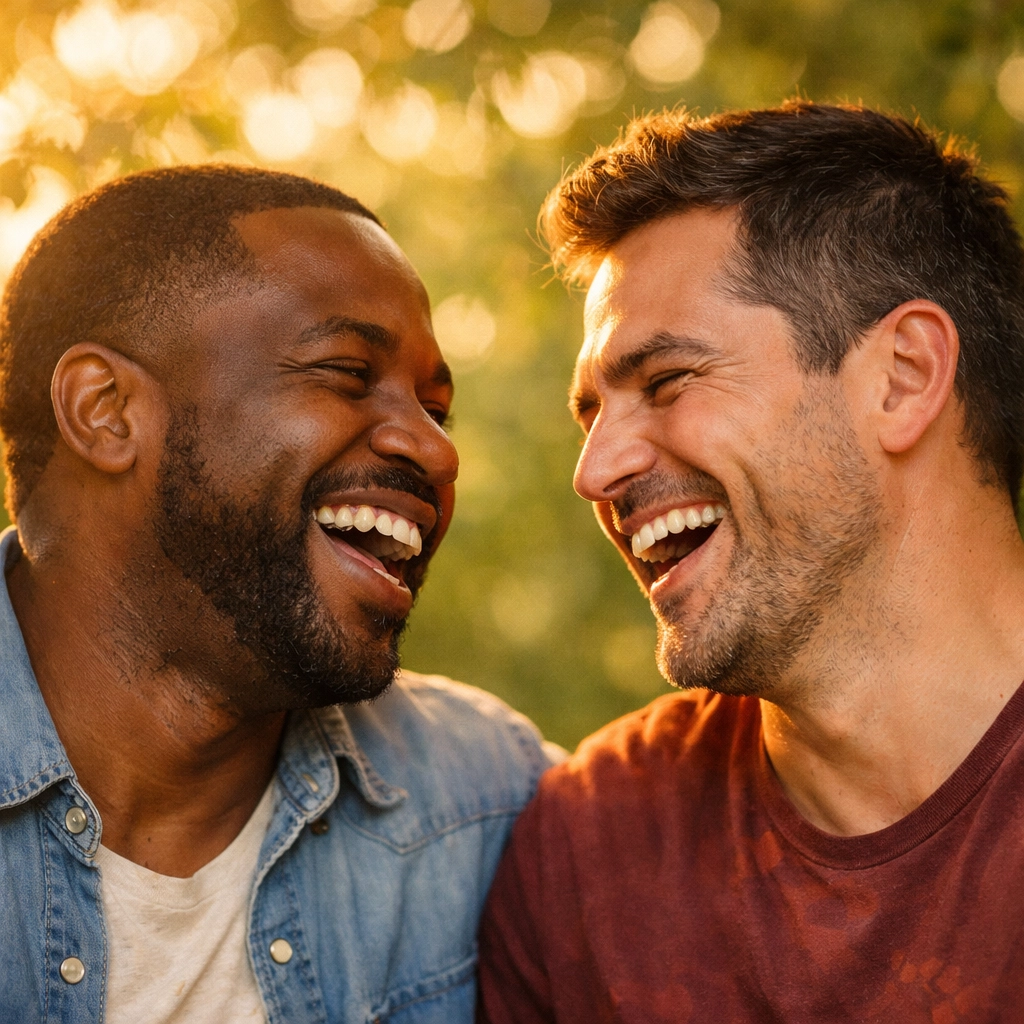 Two diverse men laughing together representing found family themes in popular gay love stories.