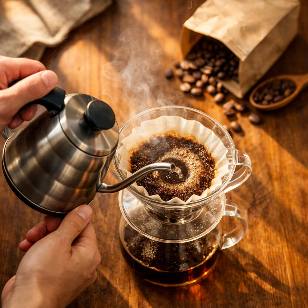 Pouring water from gooseneck kettle into V60 dripper for pour-over coffee
