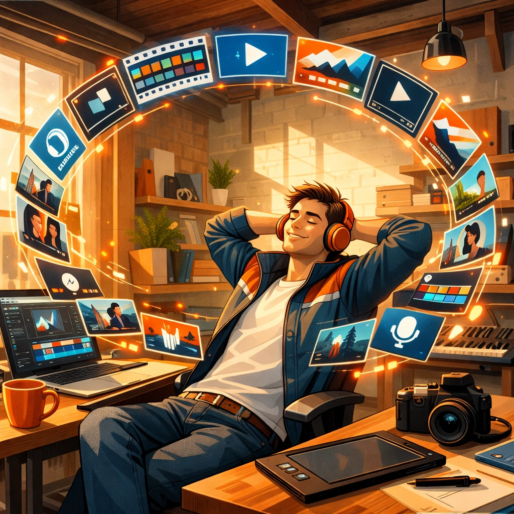 A creative professional using a modern media asset management system to organize a vast digital library.