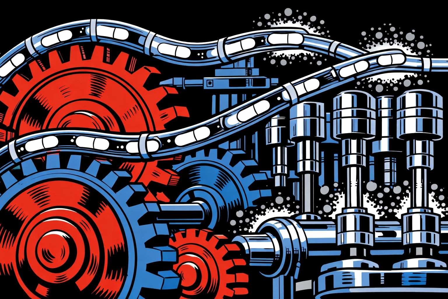 Retro comic style gears representing a seamless automated workflow for patient data in a medical clinic.