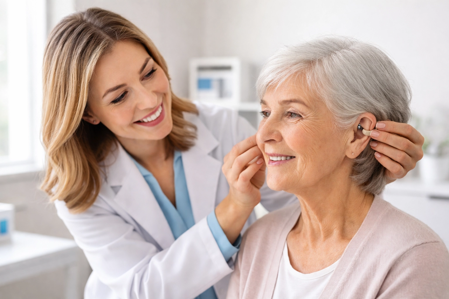 Audiologist fitting a behind-the-ear hearing aid for an elderly woman during a professional assessment