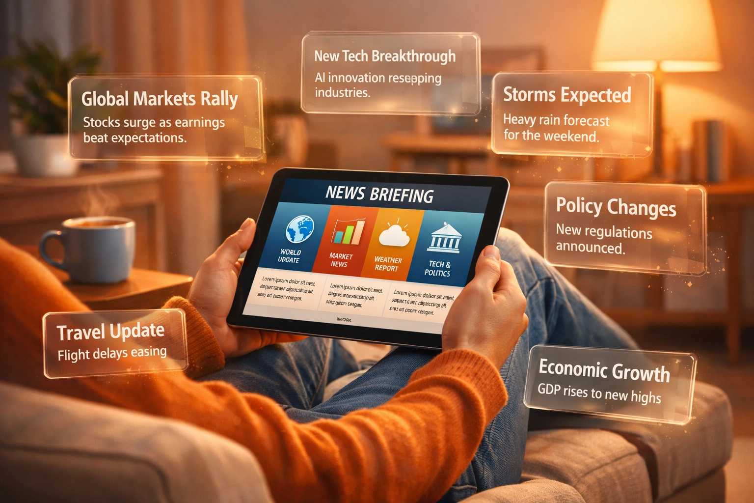 Person reading AI-powered news briefing on tablet in comfortable setting without stress