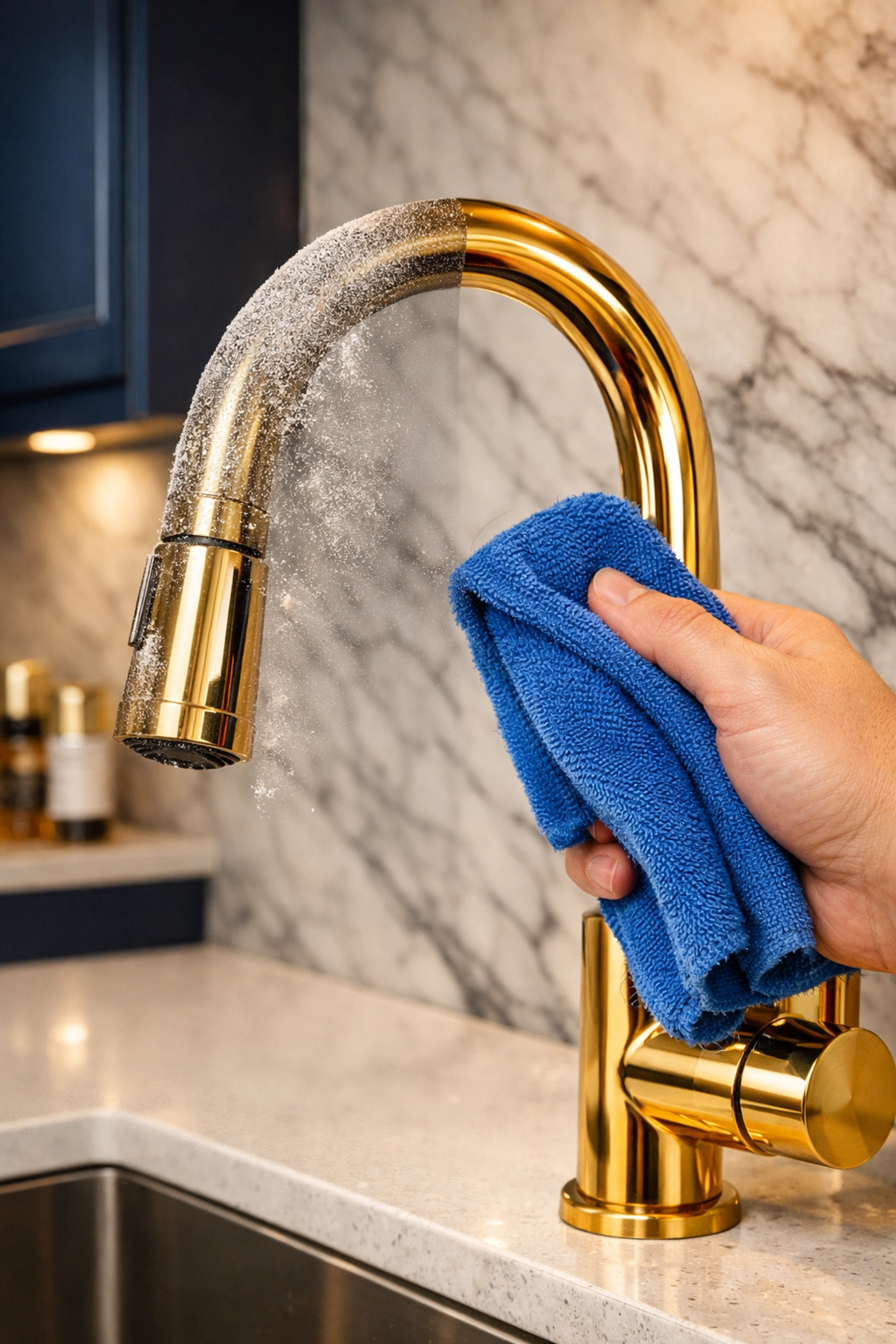 Detailed post-construction cleaning MA of a luxury kitchen removing fine drywall dust from surfaces.