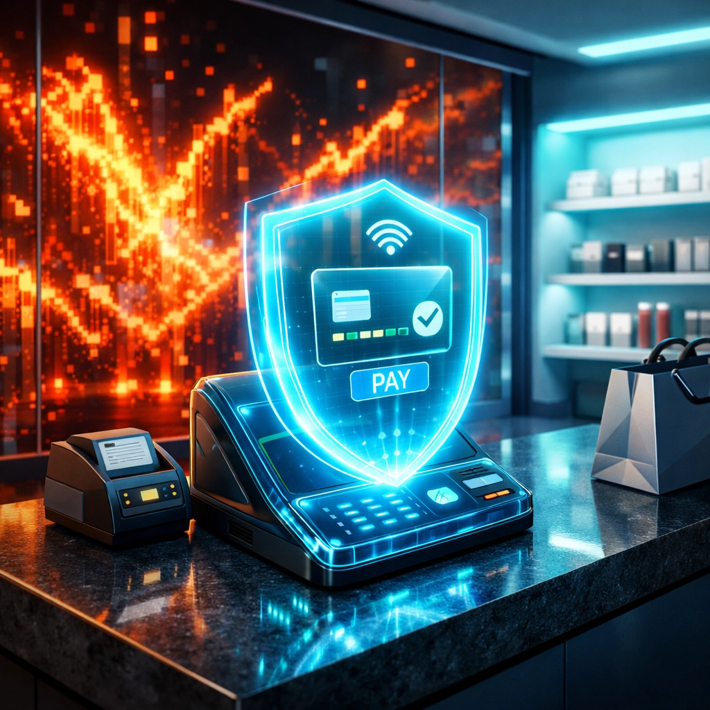 Stable crypto POS system for small business using LUSD stablecoin at a futuristic retail checkout station.