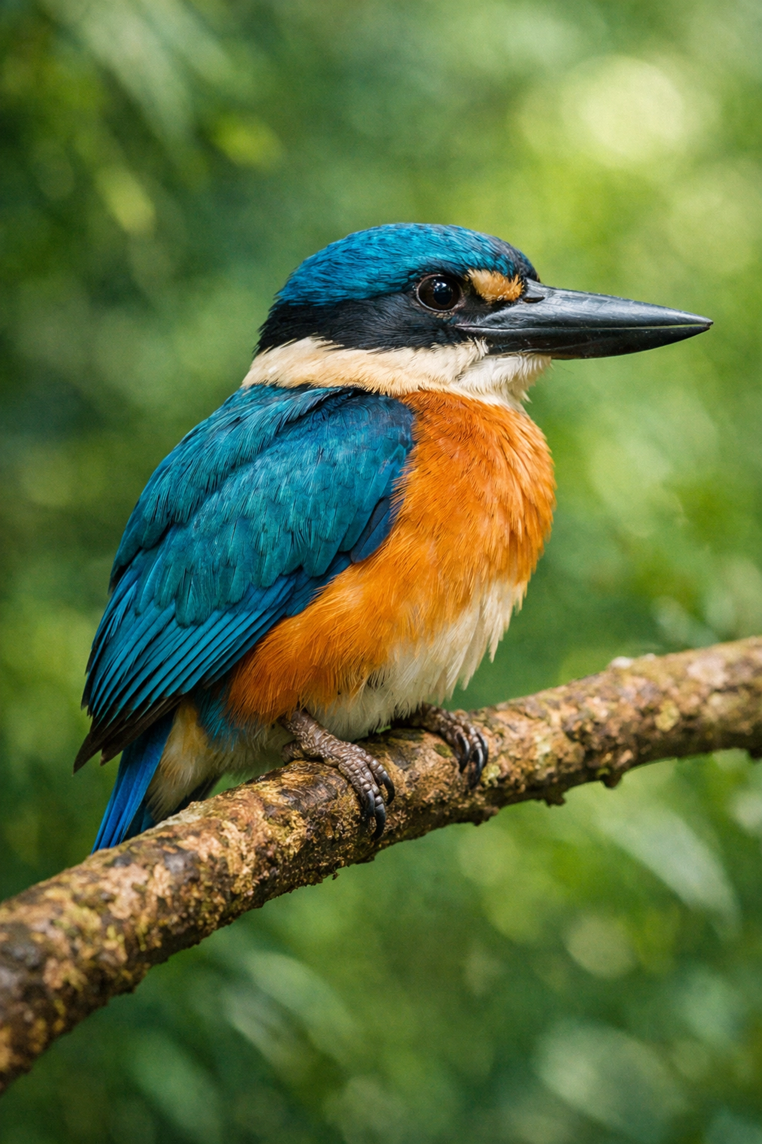 Guam kingfisher with blue-green plumage in captive breeding program