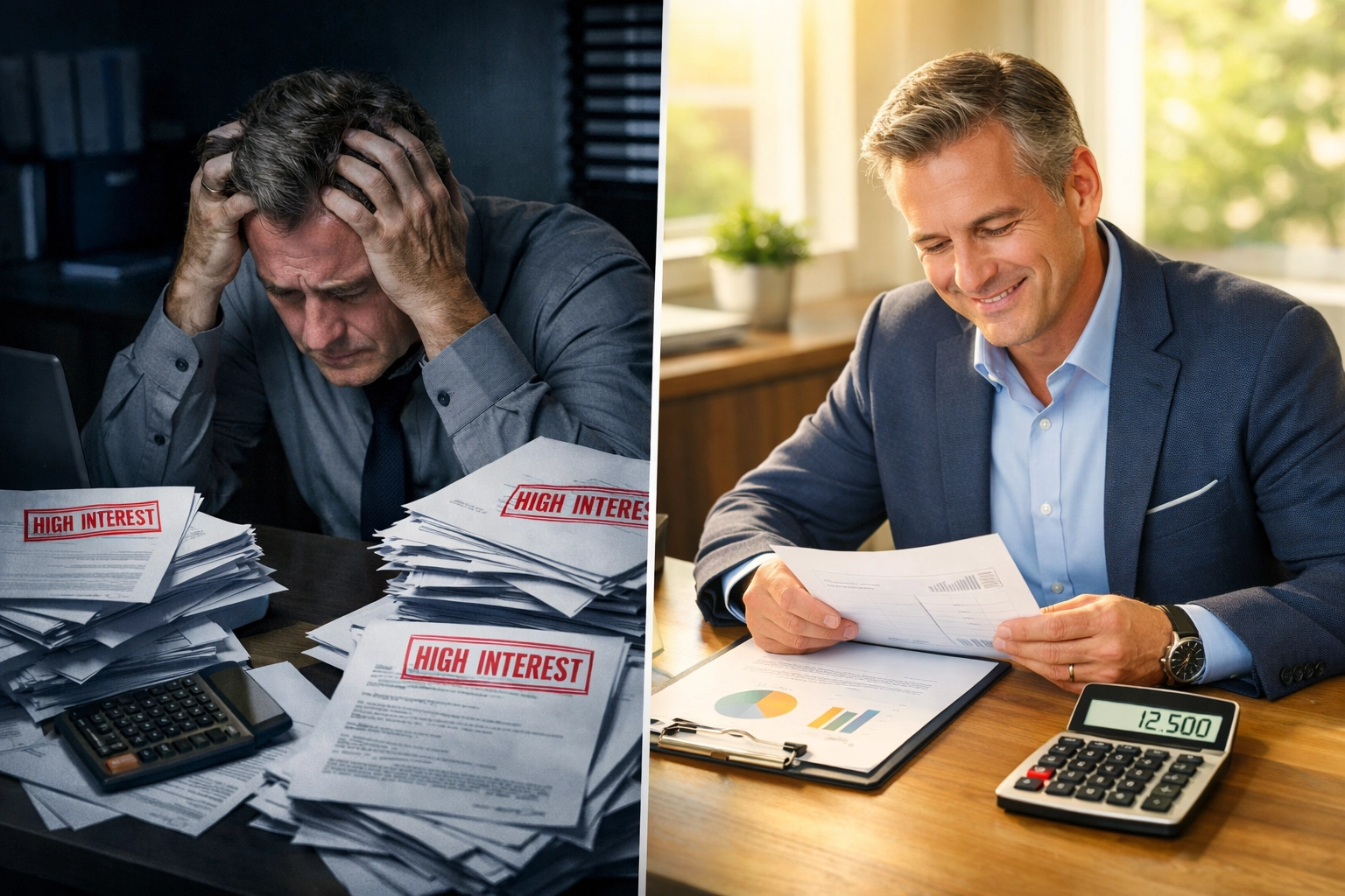 Business owner comparing high-interest loan documents vs. affordable working capital terms