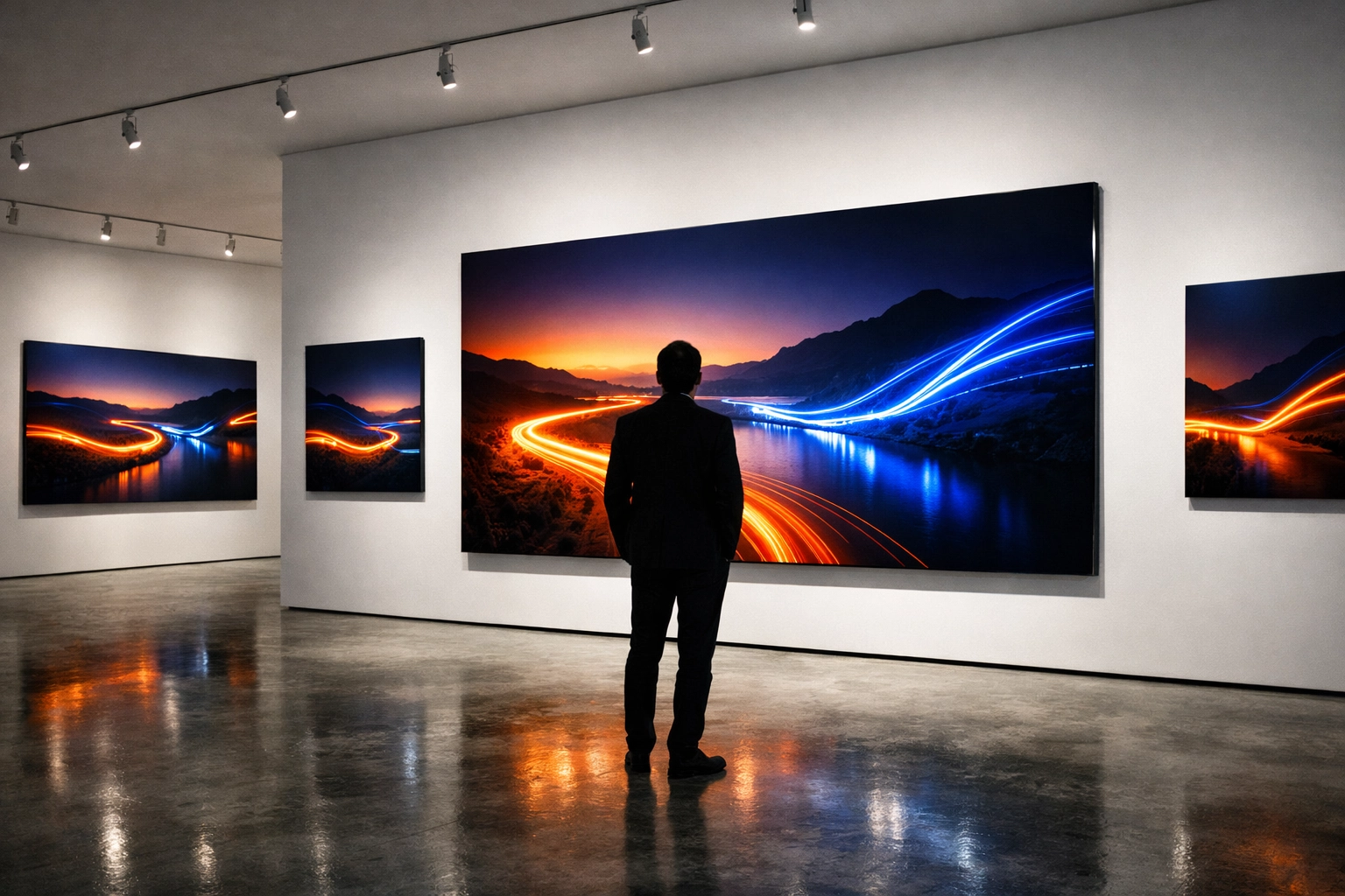 Modern art gallery displaying large fine art landscape prints highlighting the latest photography industry trends.
