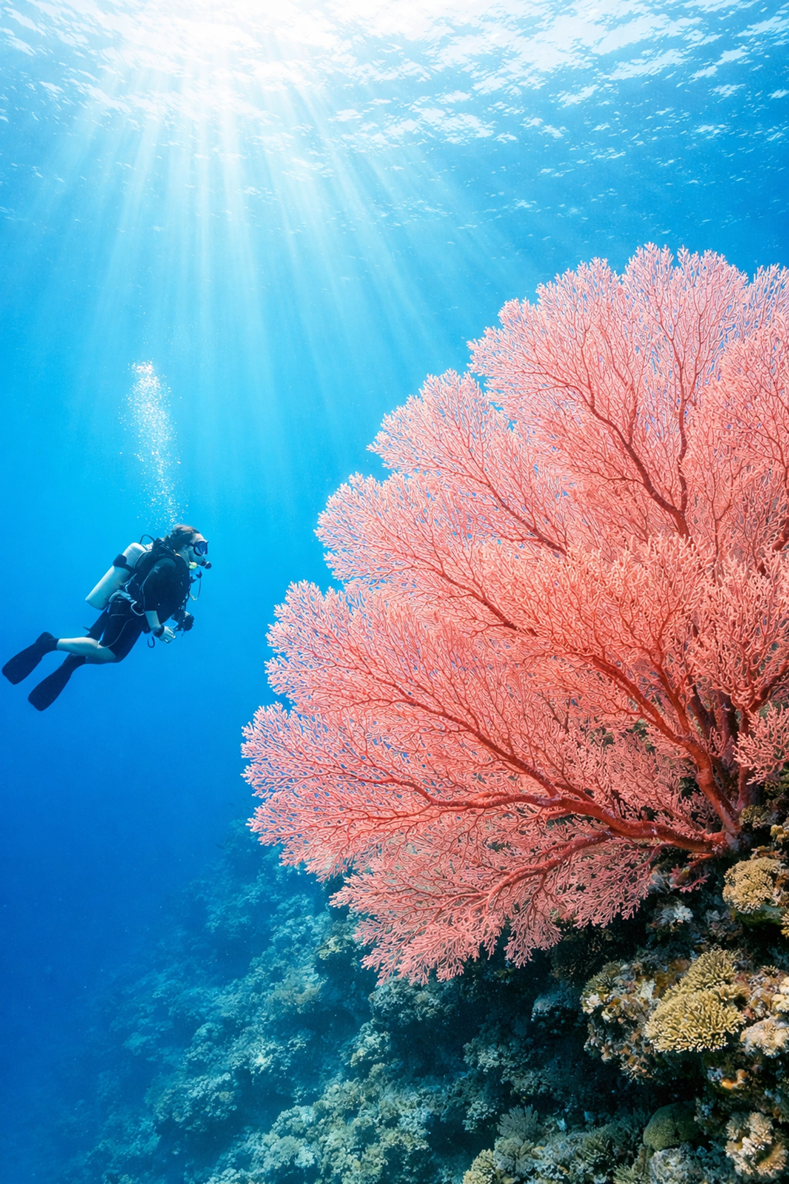 Scuba diver exploring a massive pink gorgonian sea fan at Tubbataha Reef in the Philippines.
