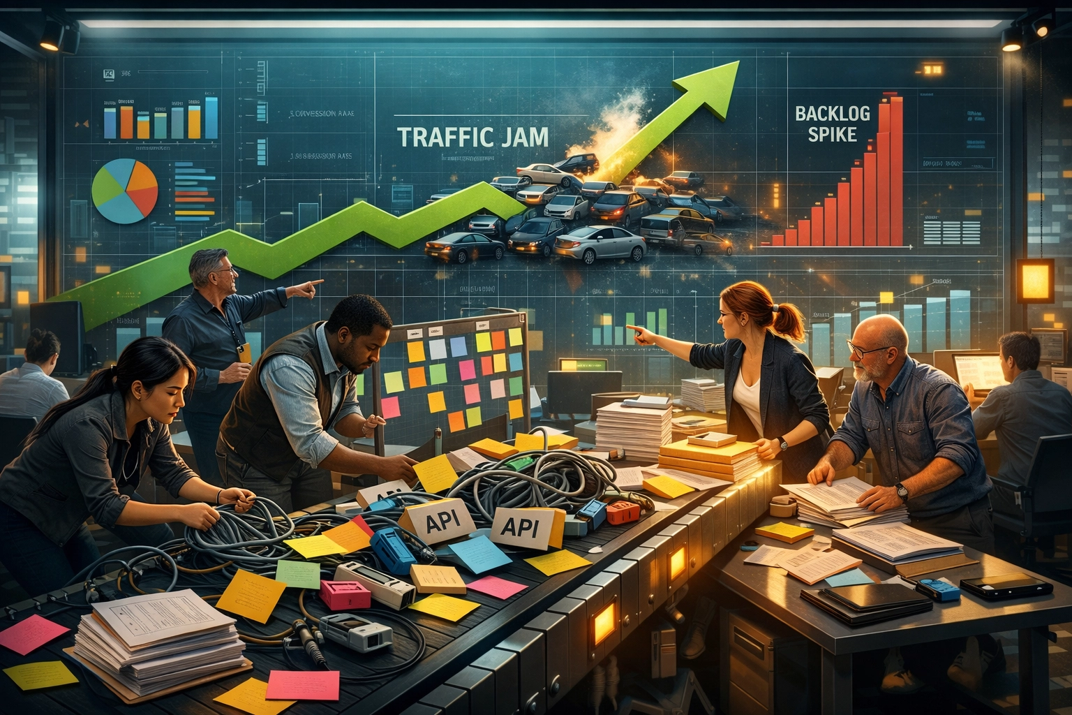 Small business operations team identifying scaling bottlenecks and friction points in a digital control room.