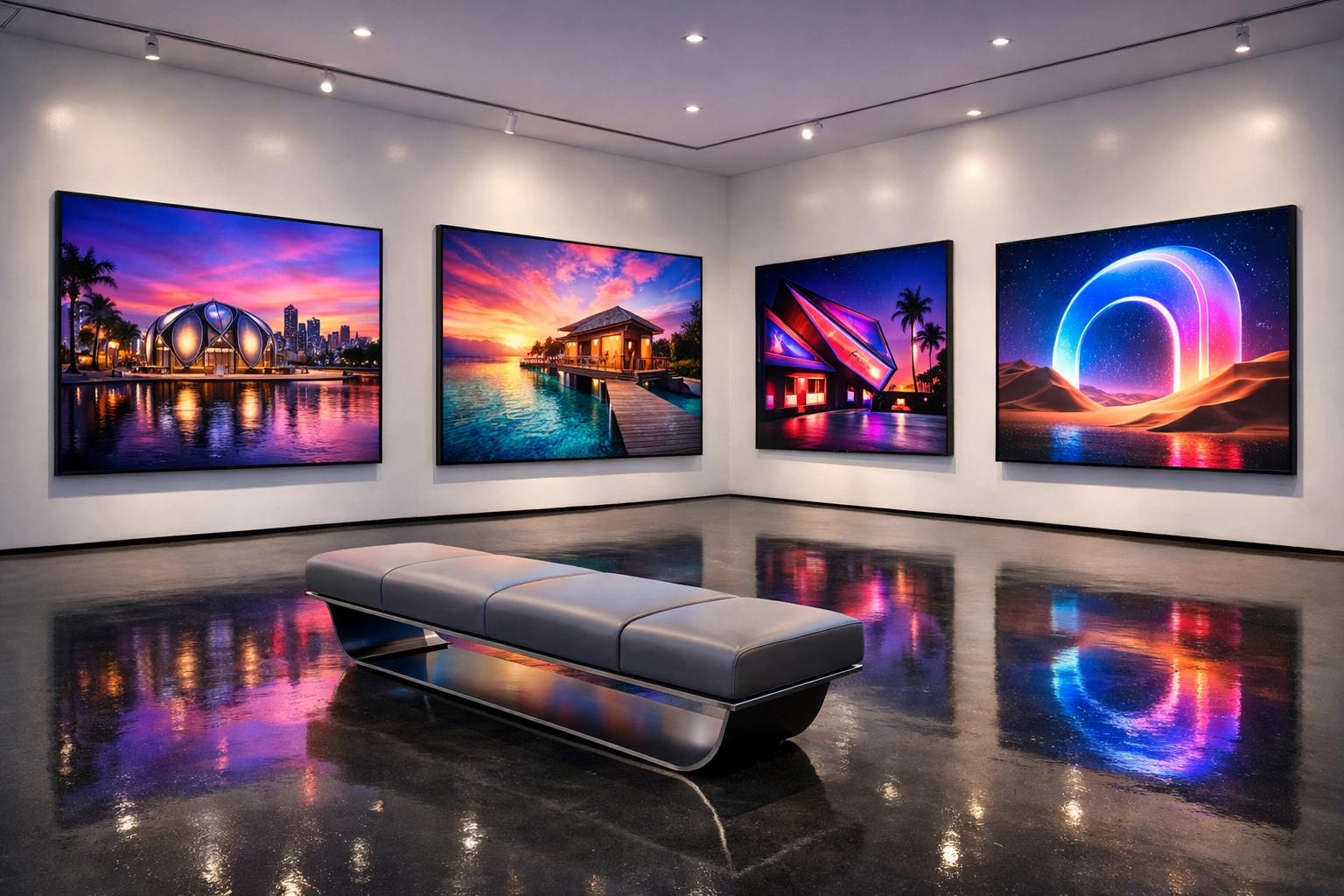 Modern photography gallery in Miami featuring fine art prints and professional digital displays.