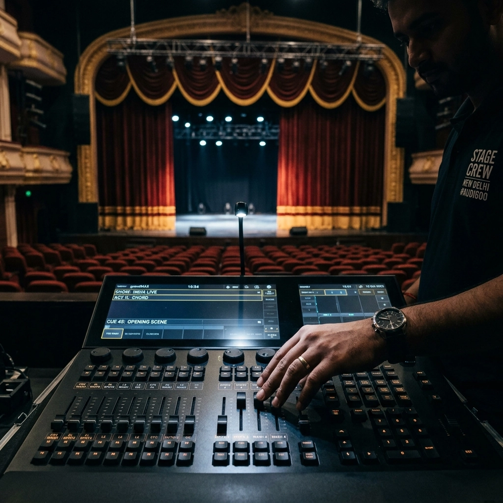Technicians fine-tuning the lighting and sound for a corporate summit